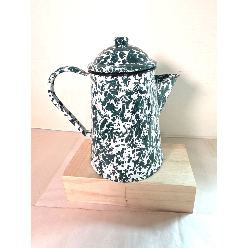 Vintage 6 Pc. Green & White Swirl Enamelware Set Coffee Pot Tray Sugar Creamer - Picture 5 of 11